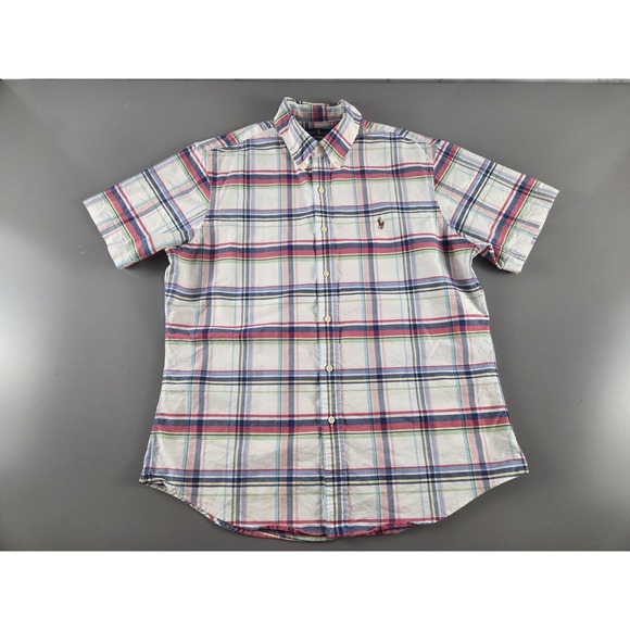 Ralph Lauren Button Down Short Sleeve Slim Fit Windowpane Plaid Oxford Mens XL - Picture 2 of 8